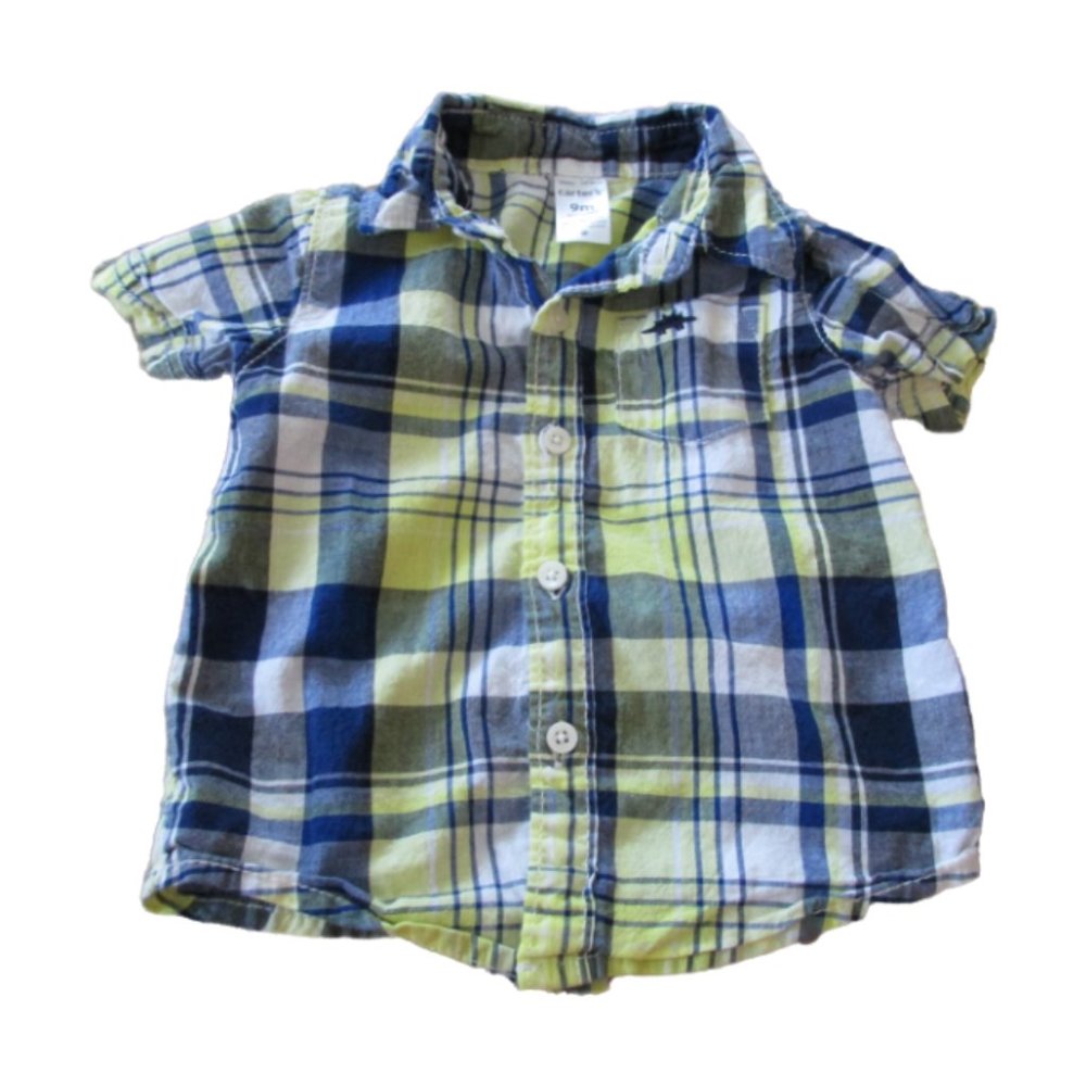 Carters Button Up Shirt Boys Infant 9M Blue Green Plaid Short Sleeve‎ Collar Top